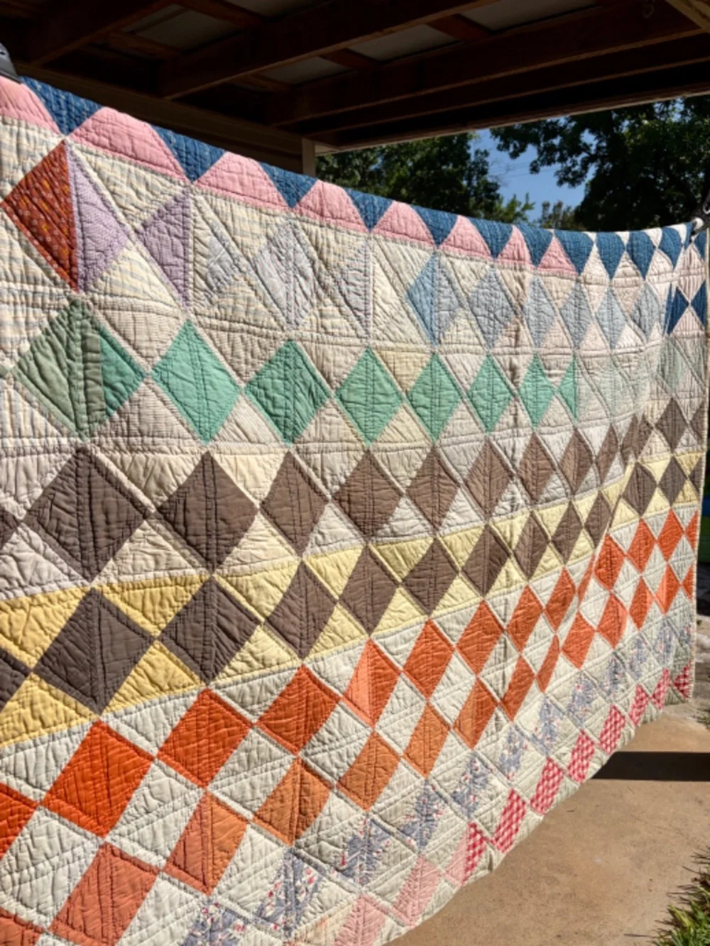 Vintage 1950s Patchwork Quilt 62 x 82, Handmade Hand Quilted Diamond Quilt